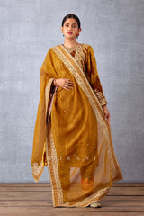 Ochre Yellow Front and Back Hand Embroidered Yoke Kurta in Silk Velvet with Dupatta