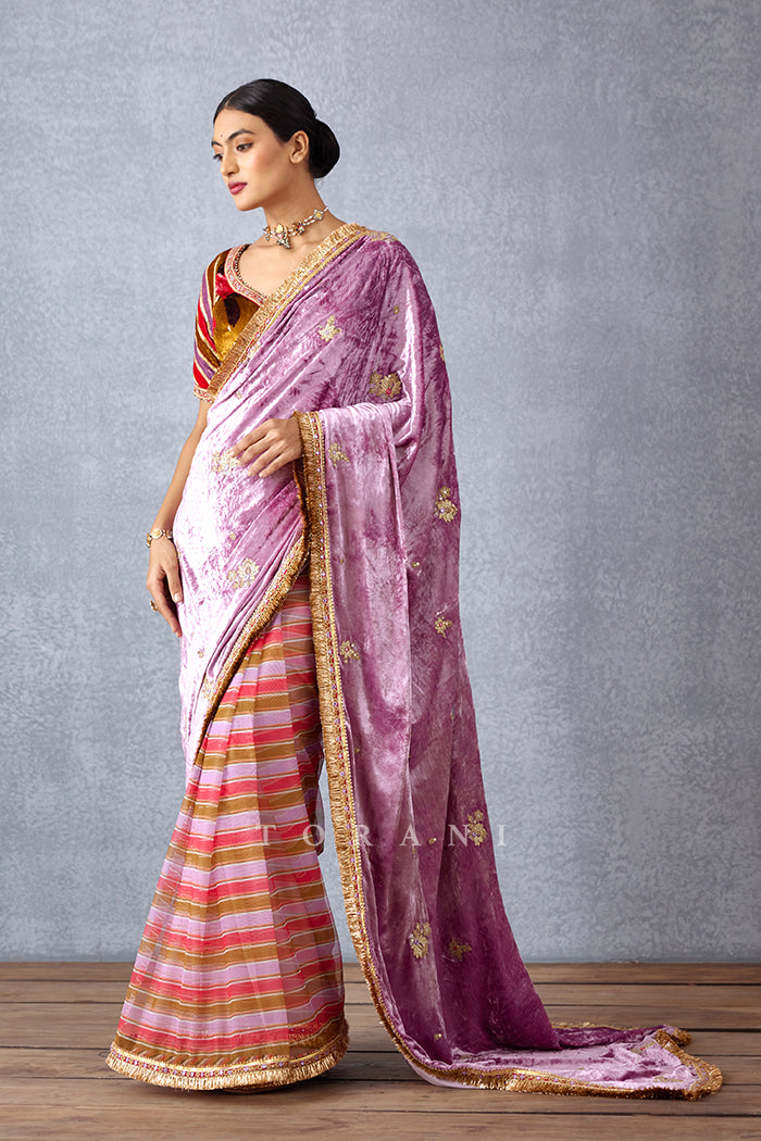 Wisteria Pink Embroidered Half and Half Saree Having Half Butterfly Net Fabric and Pallu in Silk Velvet Finished with Kiran Border