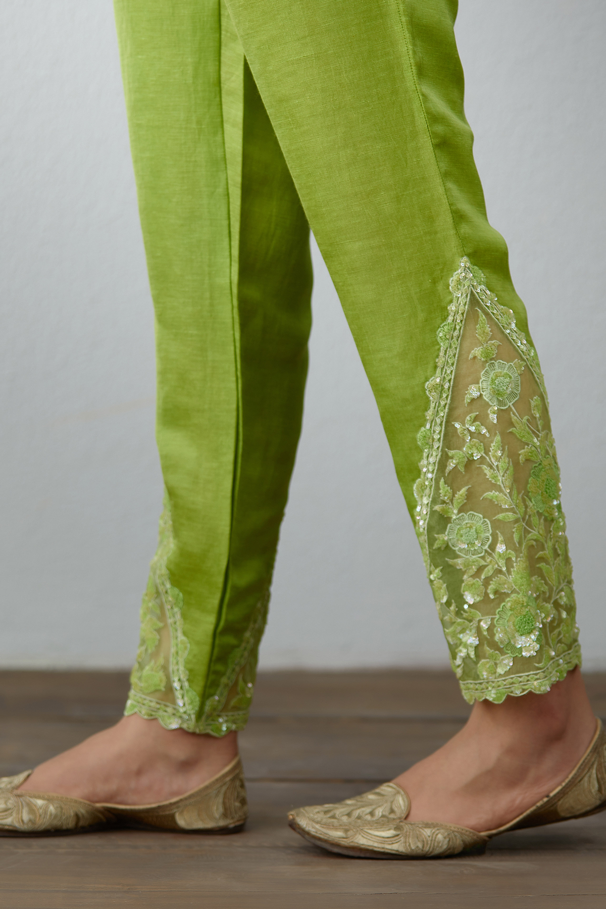 Silk organza straight pants with aari work &amp; hand embroidery