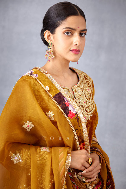 Partywear Yellow Sharara Set in Silk Velvet with Silk Organza dupatta