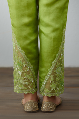 Silk organza Soldi green pants with aari work at bottom