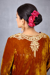 Ochre Yellow Hand Embroidered Kurta in Silk Velvet