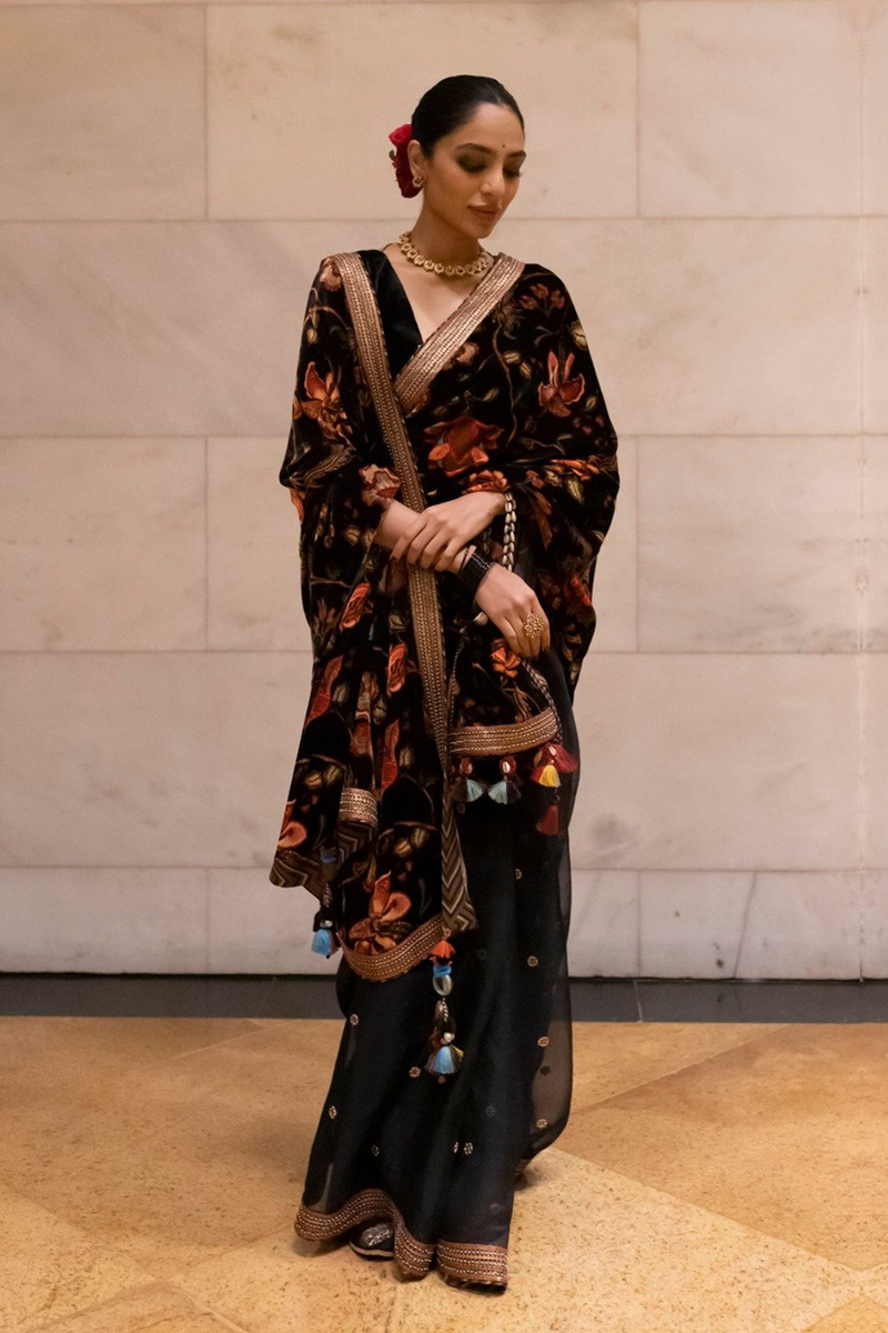 Sobhita Dhulipala in printed black silk velvet saree from Torani Designer