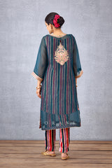 Sheer Silk Organza Kurta With Striped Printed Inner & Pants In Silk Velvet