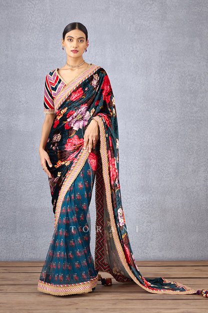 Navy Blue Digital Printed Half and Half Saree Having Half Butterfly Net Fabric and Pallu in Silk Velvet Finished with Embroidered Border