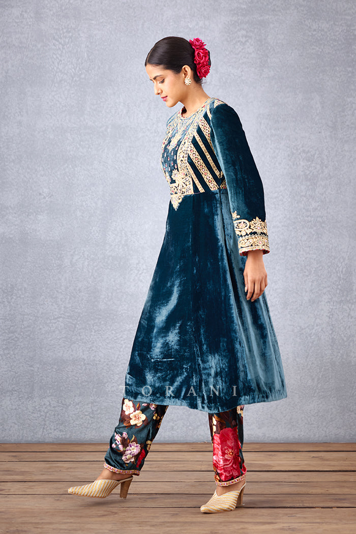 Navy Blue Front and Back Hand Embroidered Yoke Kurta in Silk Velvet