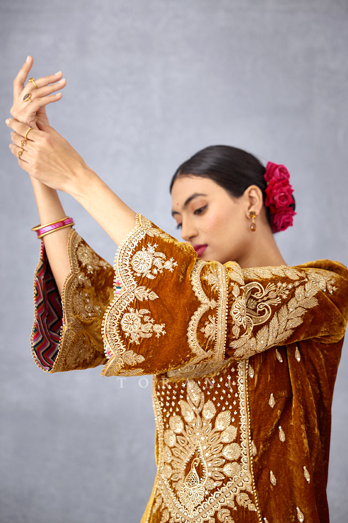 Ochre Yellow Heavy Hand Embroidered Short Kurta with wide sleeves