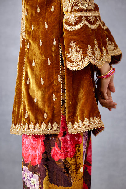 Ochre Yellow Heavy Hand Embroidered Short Kurta with zari embroidery