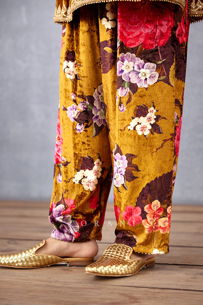 Ochre Yellow Heavy Hand Embroidered Short Kurta with Digital Printed Pants