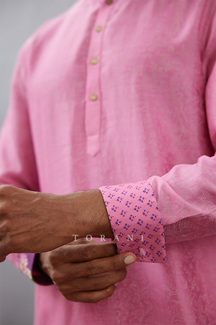 Men's designer Kurta set in handwoven chanderi with Hand Block Print