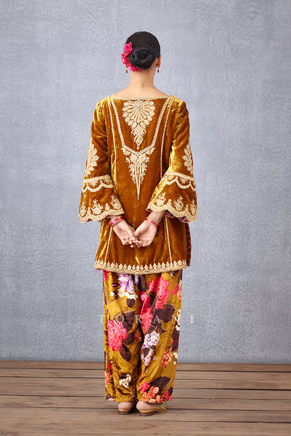 Ochre Yellow Heavy Hand Embroidered Short Kurta with Gota Detailing