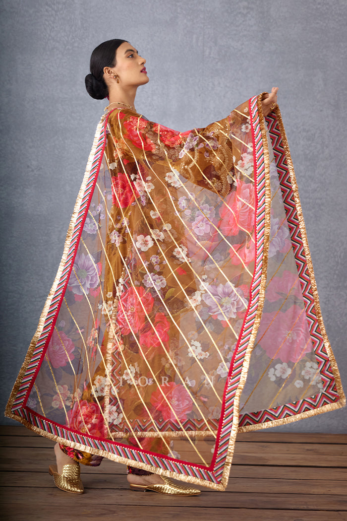 Ochre Yellow Heavy Hand Embroidered Short Kurta in Silk Velvet