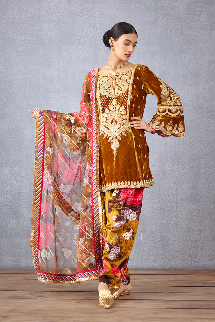 Ochre Yellow Heavy Hand Embroidered Short Phiran Kurta in Silk Velvet