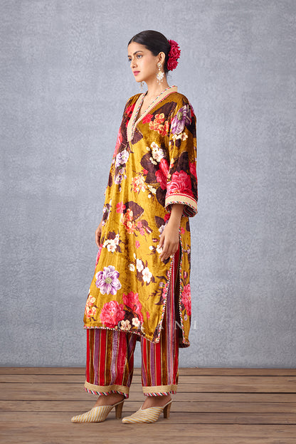 Chintz Printed Silk Velvet Kurta Set with Sheer dupatta in Silk Organza