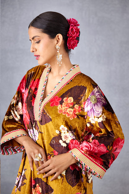 Printed V-Neck Silk Velvet Kurta Set