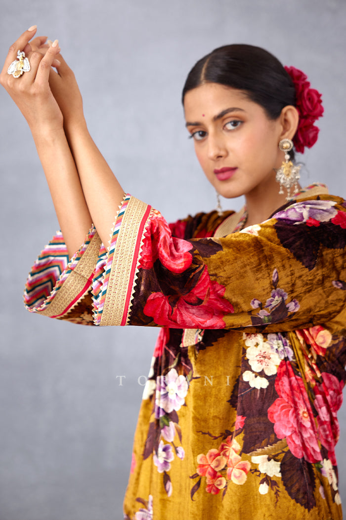 Printed V-Neck Silk Velvet Kurta Set with wide sleeves