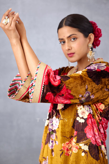 Printed V-Neck Silk Velvet Kurta Set with wide sleeves