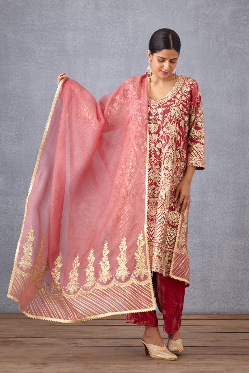 Torani's red embroidered kurta set in Velvet