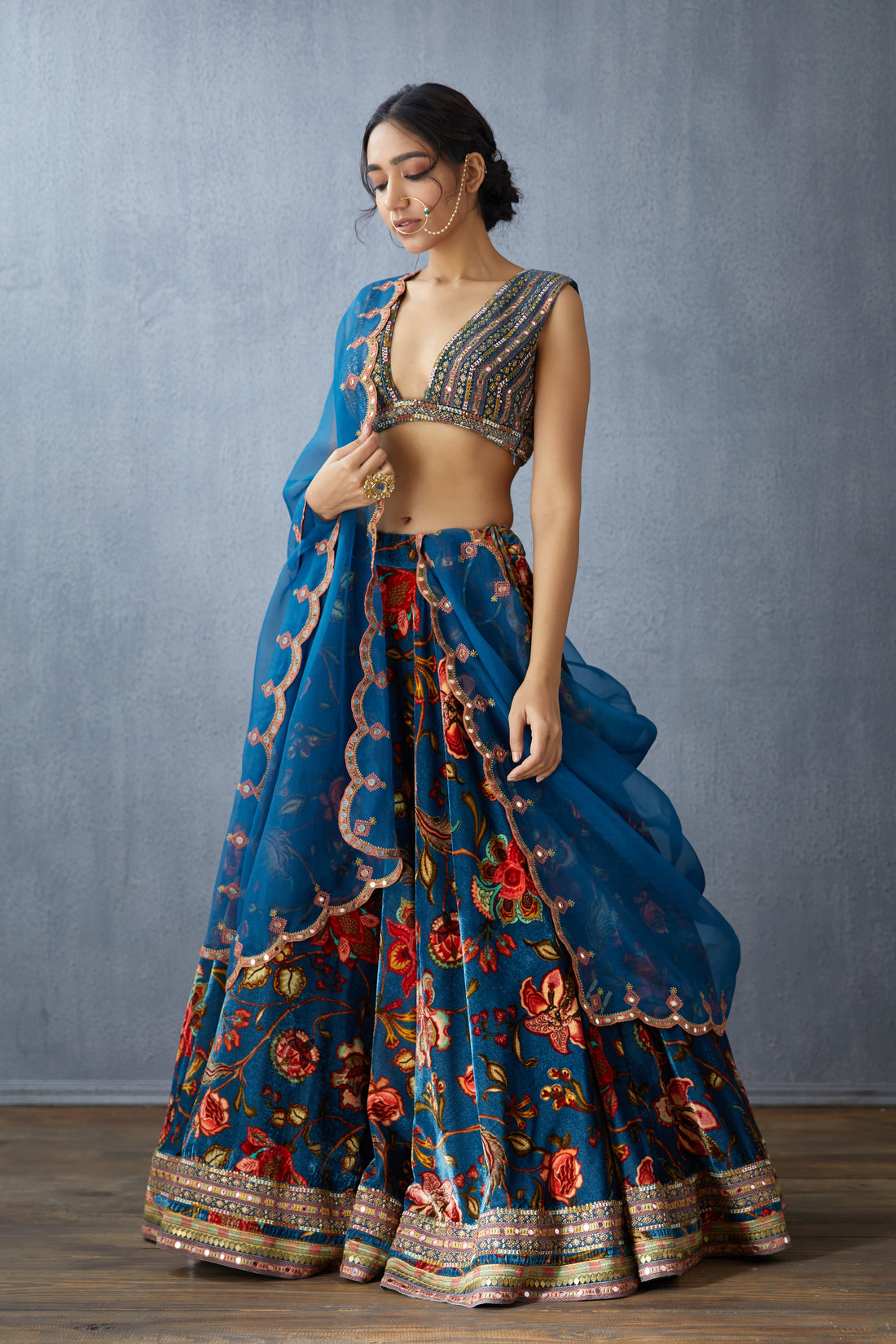 Blue Lehenga Set made of luxurious silk velvet, silk organza, and handwoven chanderi