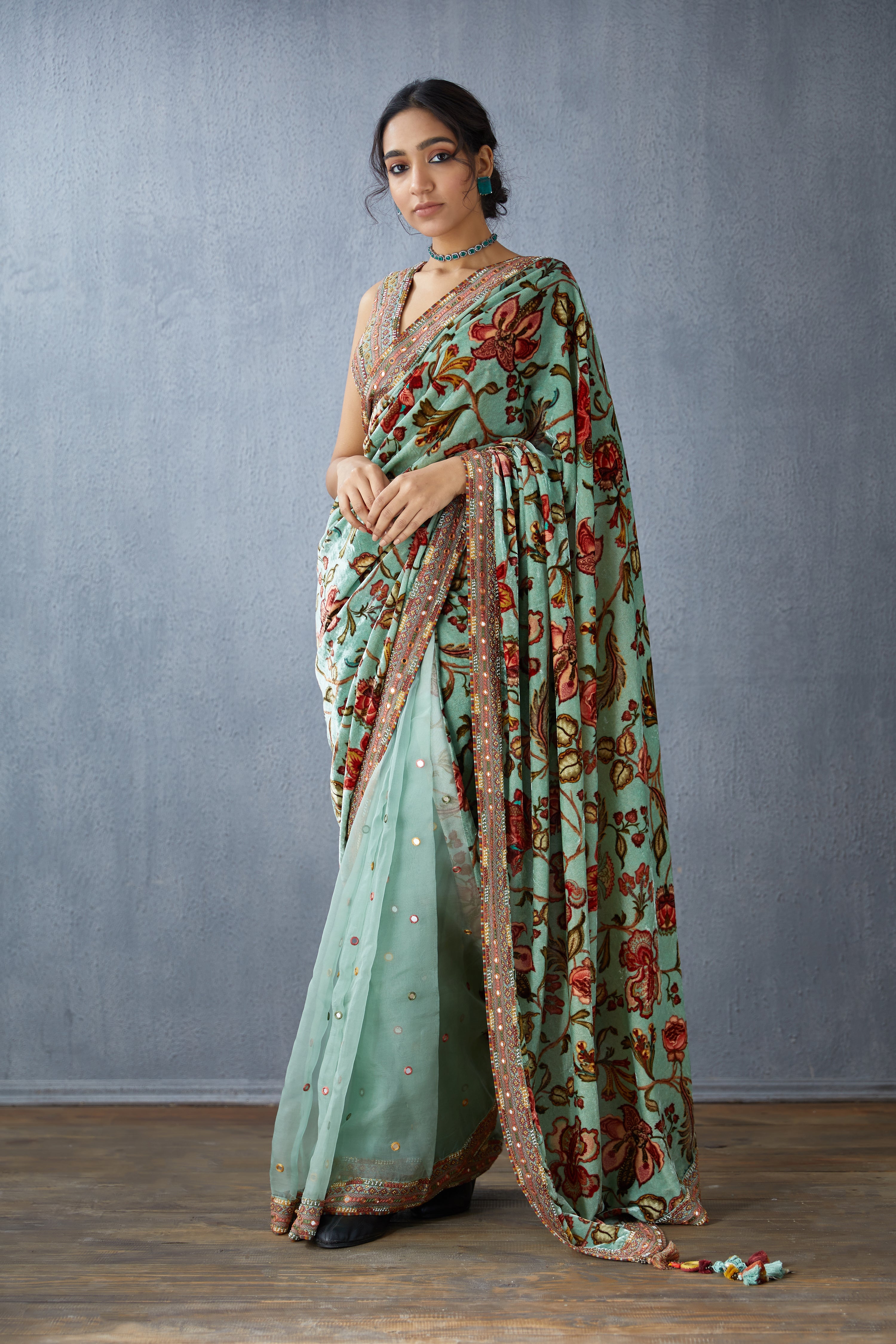 half &amp; half saree in silk organza &amp; silk velvet