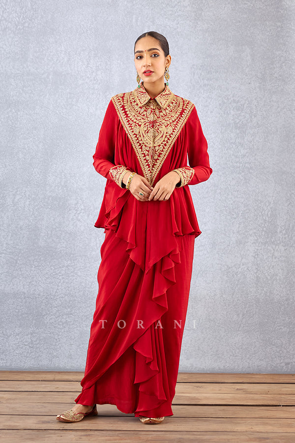 Red Embroidered DHOTI KAMEEZ SET by Torani