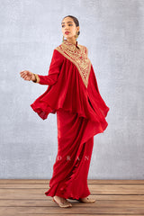 Red DHOTI KAMEEZ SET with Dori Embroidery