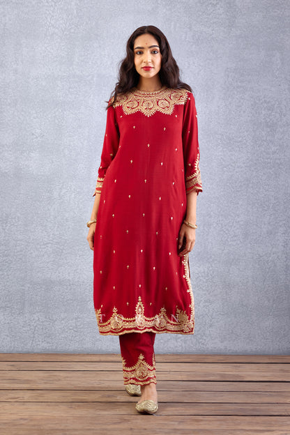 bright red Round neck Embroidered Kurta Set