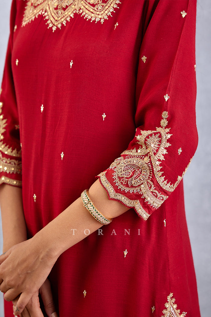 Bright red kurta set with Hand & dori Embroidery