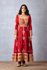 Red Bridalwear Anarkali Set in Luxurious Slub Silk