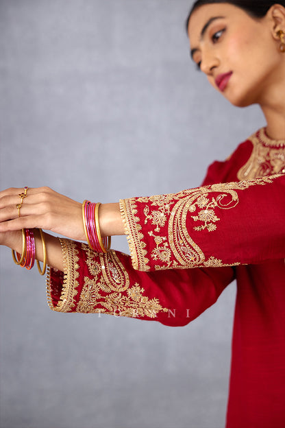 Red Embroidered Kurta Set with Hand adda work