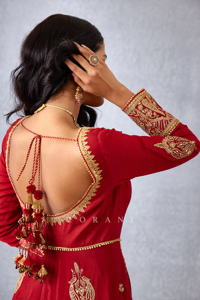 Bridal wear Red Embroidered Anarkali Set with deep back
