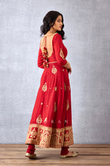 Red Bridal Anarkali Set in Luxurious Slub Silk