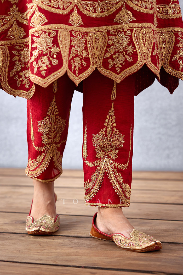 red embroidered kurta set in Luxurious Slub Silk