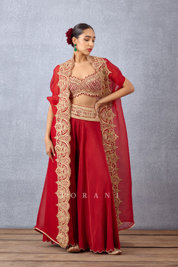 Red embroidered Cape set