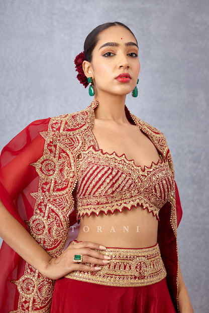Red Dori embroidery Cape with Hand Adda Work