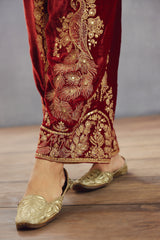 Red Kurta in Luxurious Silk Velvet with Embroidered pants