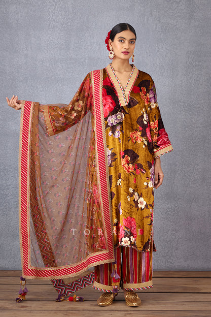 Ochre Yellow Chintz Printed V-Neck Silk Velvet Kurta Set with Sheer Odhani in Silk Organza