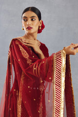 Women's Red Kurta set in Silk velvet with Gota border on dupatta