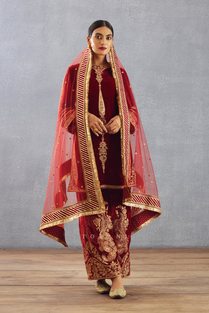 Red Kurta set in velvet with heavy embroidered pant in Luxurious Silk Velvet &amp; Pure Cotton Voile