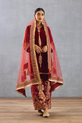 Red Kurta set in velvet with heavy embroidered pant in Luxurious Silk Velvet & Pure Cotton Voile