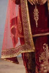 Red Kurta set in velvet with Gota work on dupatta
