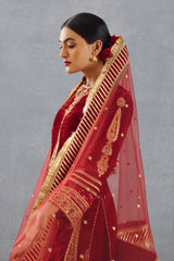 Women's Red Kurta set in Silk velvet with Gota work on dupatta
