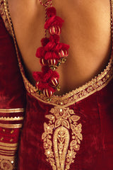 Red Kurta Set in Luxurious Silk Velvet with tassels at the back