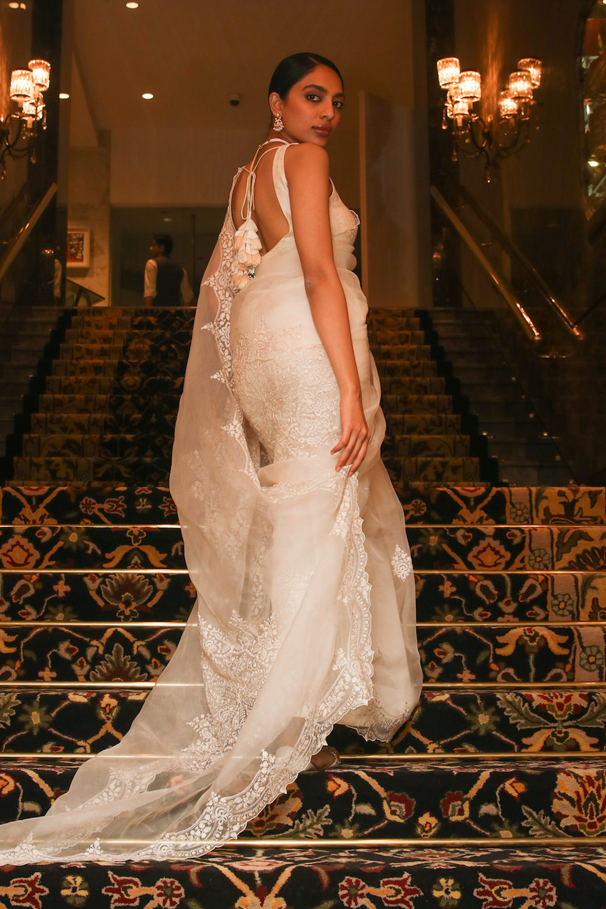 SOBHITA DHULIPALA IN White AARI EMBROIDERED ORGANZA SAREE from Torani designer