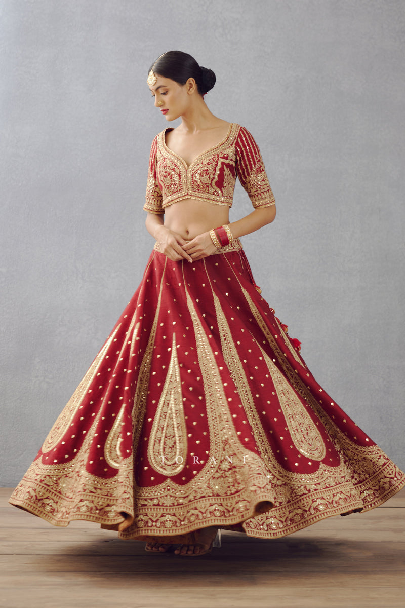 Torani's Red bridal Lehenga Set with Hand Adda Work