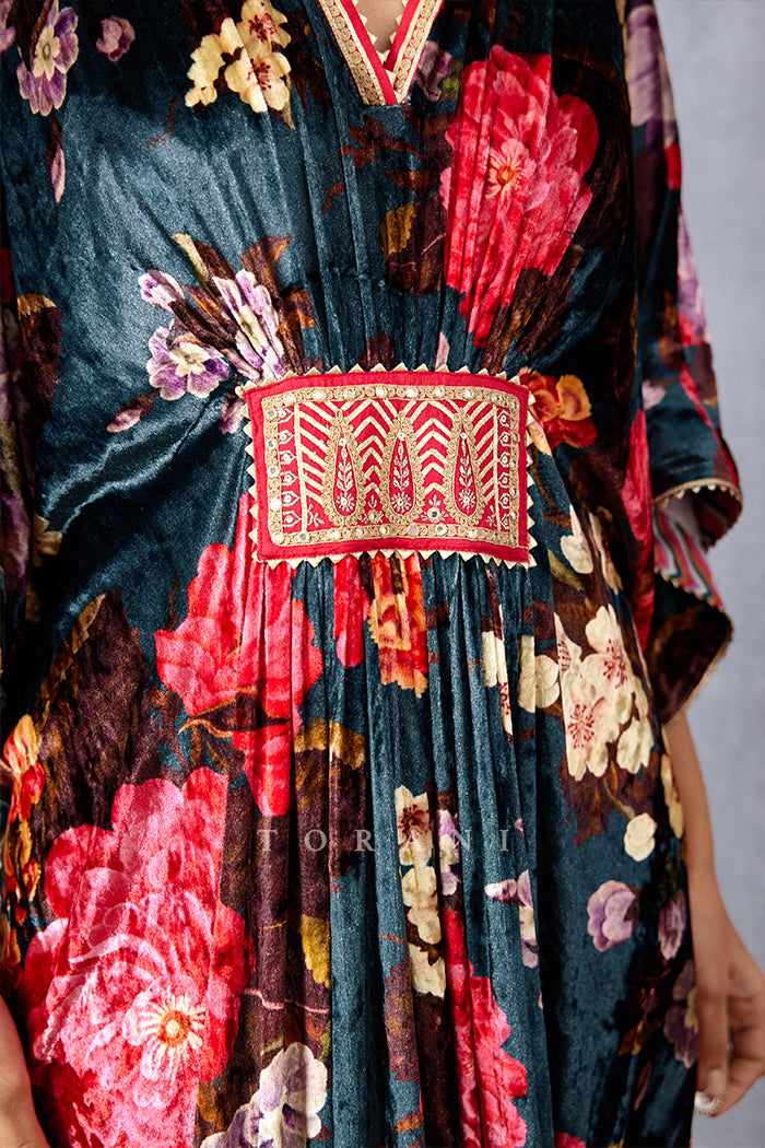 Navy Blue Chintz Printed Kaftan with Belt Detailing on Waist