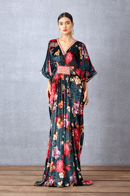 Navy Blue Chintz Printed Free Size Kaftan with Belt Detailing on Waist in Silk Velvet