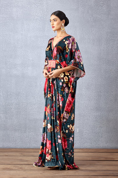 Navy Blue Chintz Printed Free Size Kaftan in Silk Velvet