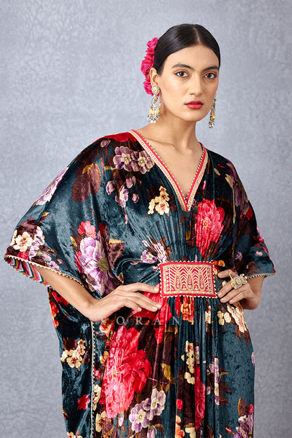 Navy Blue Chintz Printed Free Size Kaftan with Belt Detailing on Waist