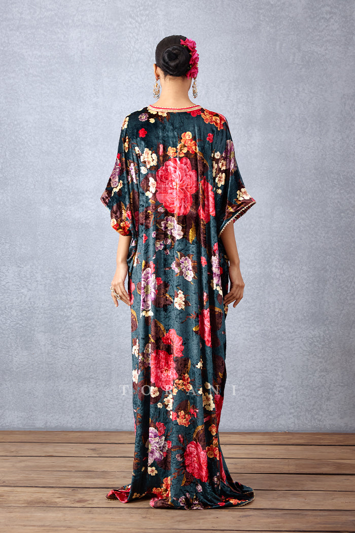 Navy Blue Chintz Printed Free Size  Silk Velvet Kaftan